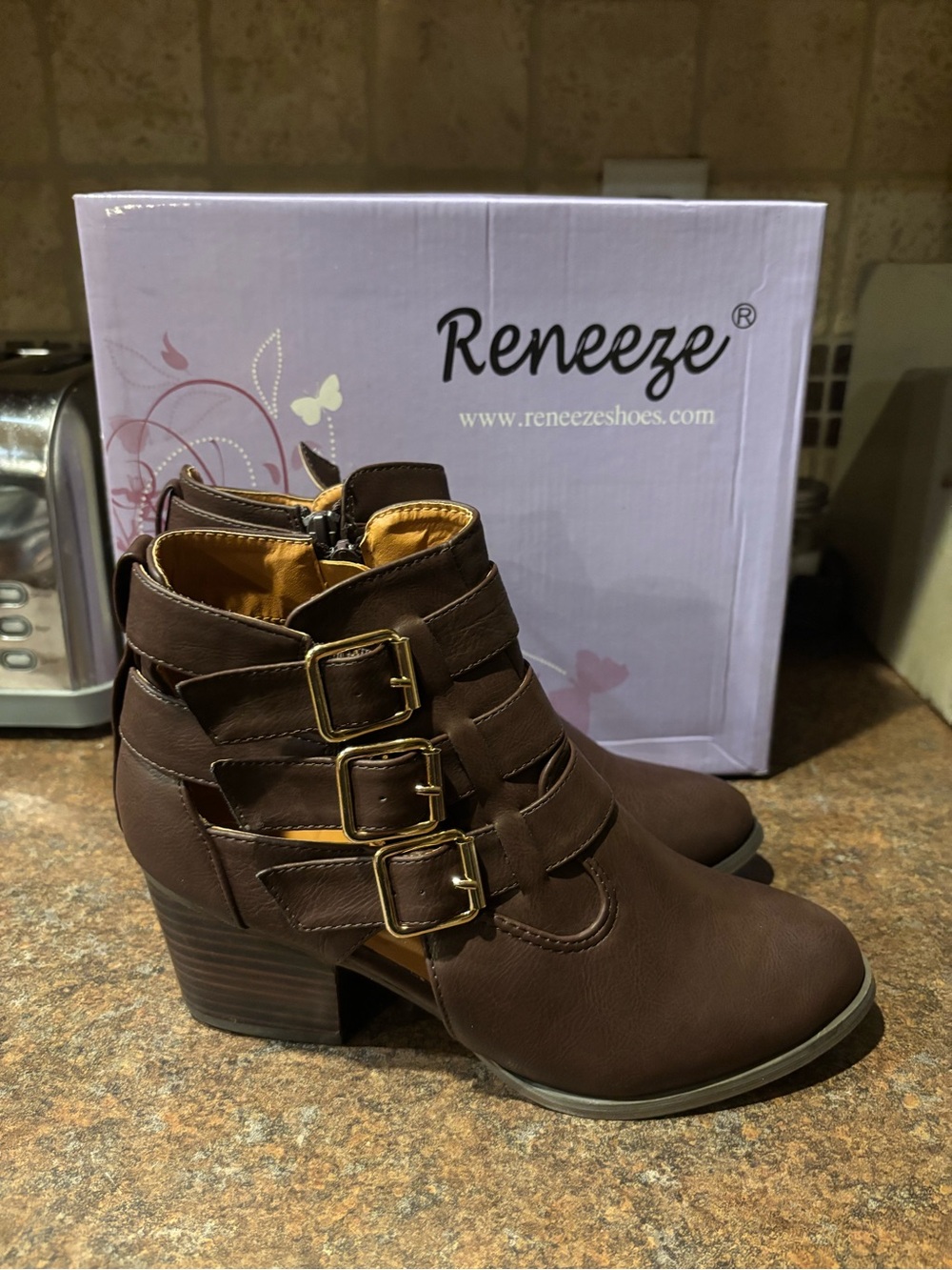 Reneeze Dark Brown Triple Buckle Ankle Booties